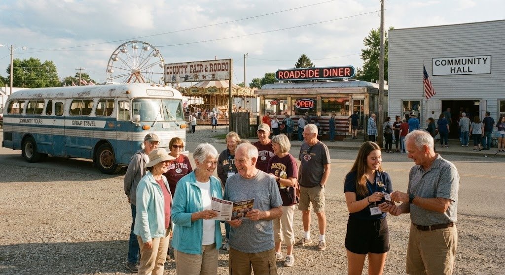 american small town, county fair, roadside diner, group coach, community hall,
