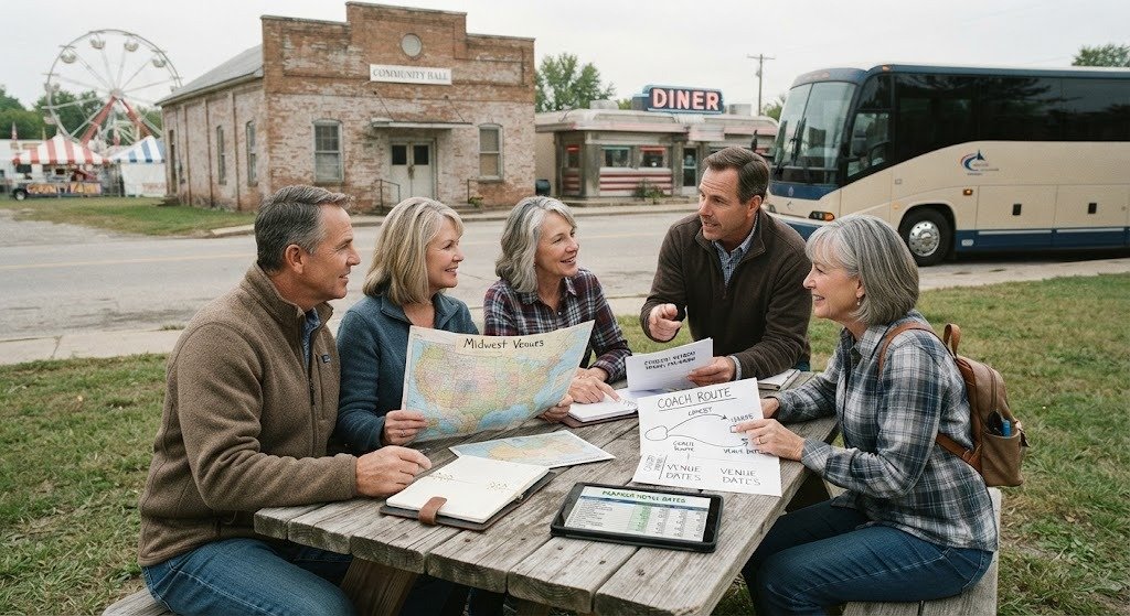 american small town, county fair, roadside diner, group coach, community hall,