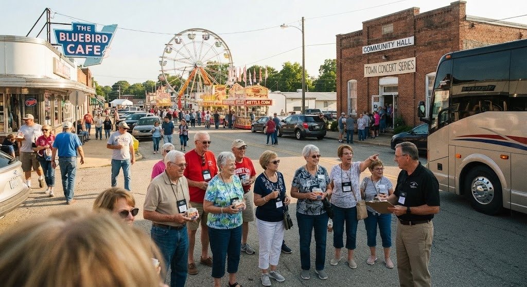 american small town, county fair, roadside diner, group coach, community hall,