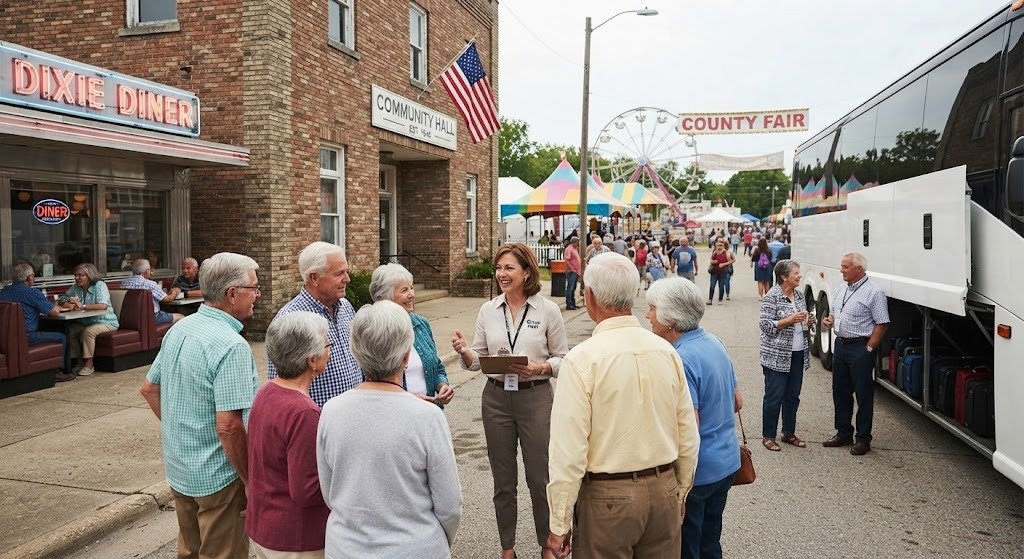 american small town, county fair, roadside diner, group coach, community hall,
