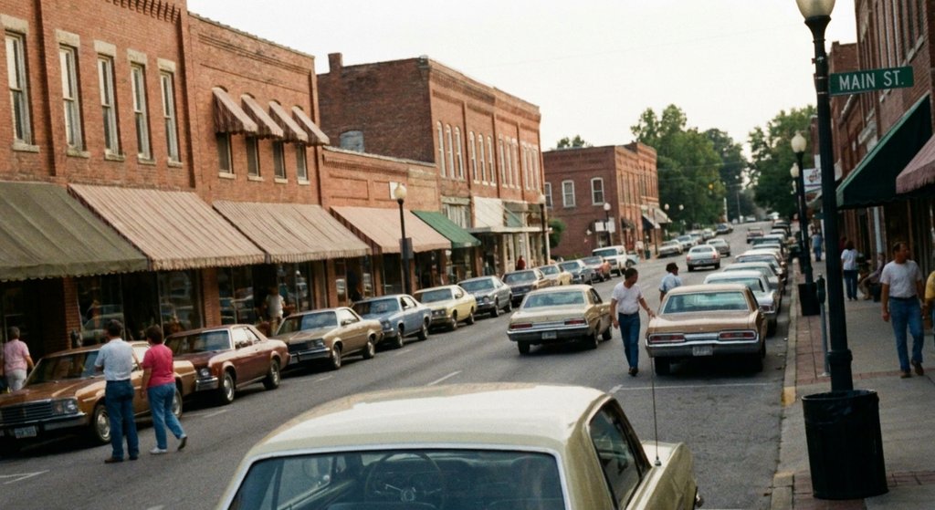 american small town, county fair, roadside diner, group coach, community hall,