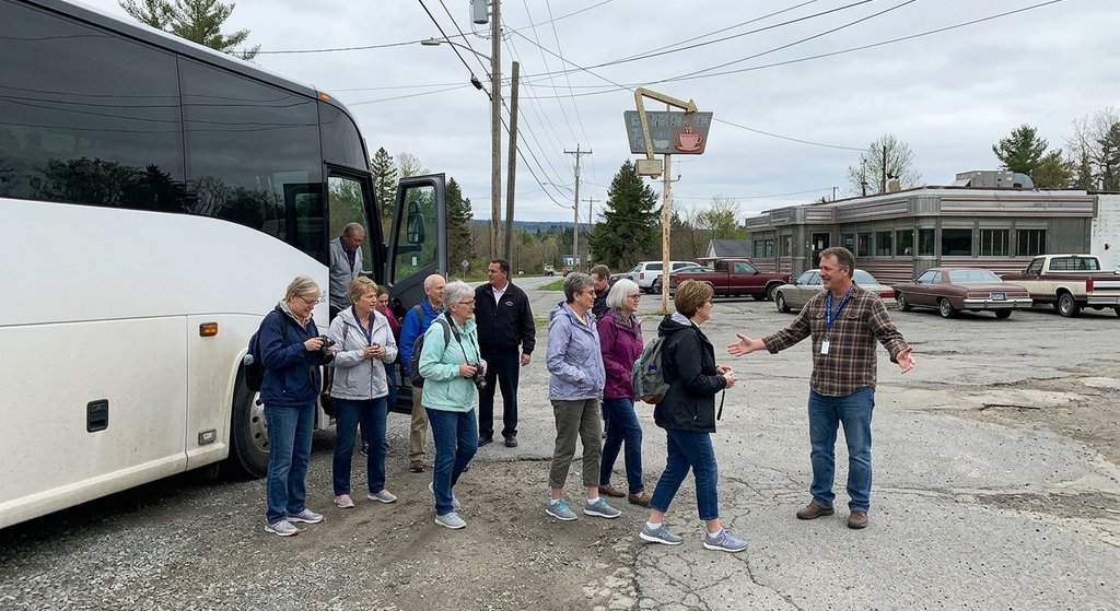 american small town, county fair, roadside diner, group coach, community hall,