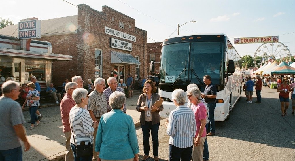 american small town, county fair, roadside diner, group coach, community hall,