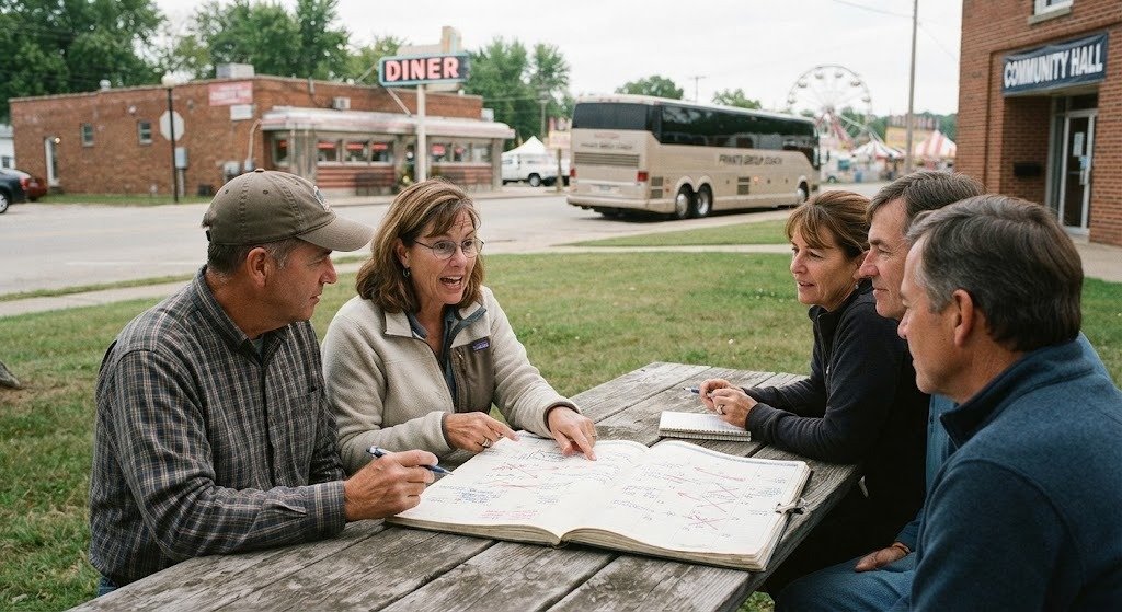 american small town, county fair, roadside diner, group coach, community hall,