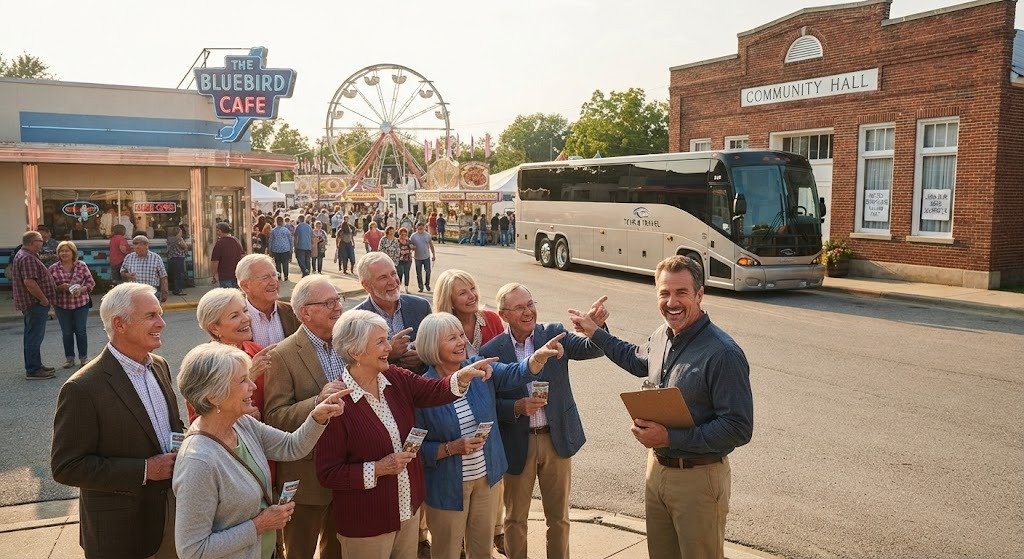 american small town, county fair, roadside diner, group coach, community hall,